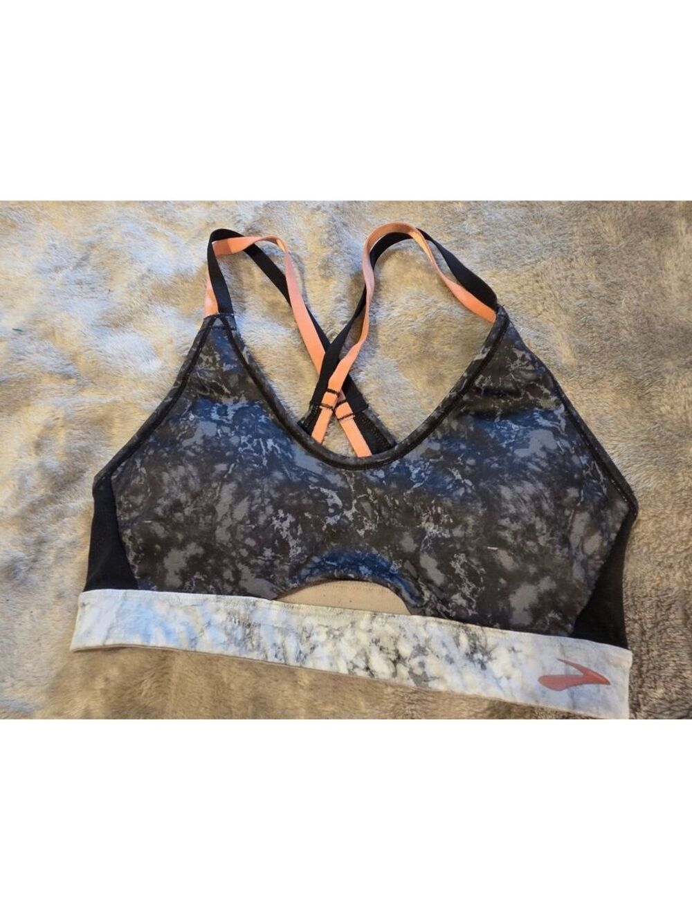 Brooks size small Black Mesh Sports Bra with Marble Band and Pink Straps
